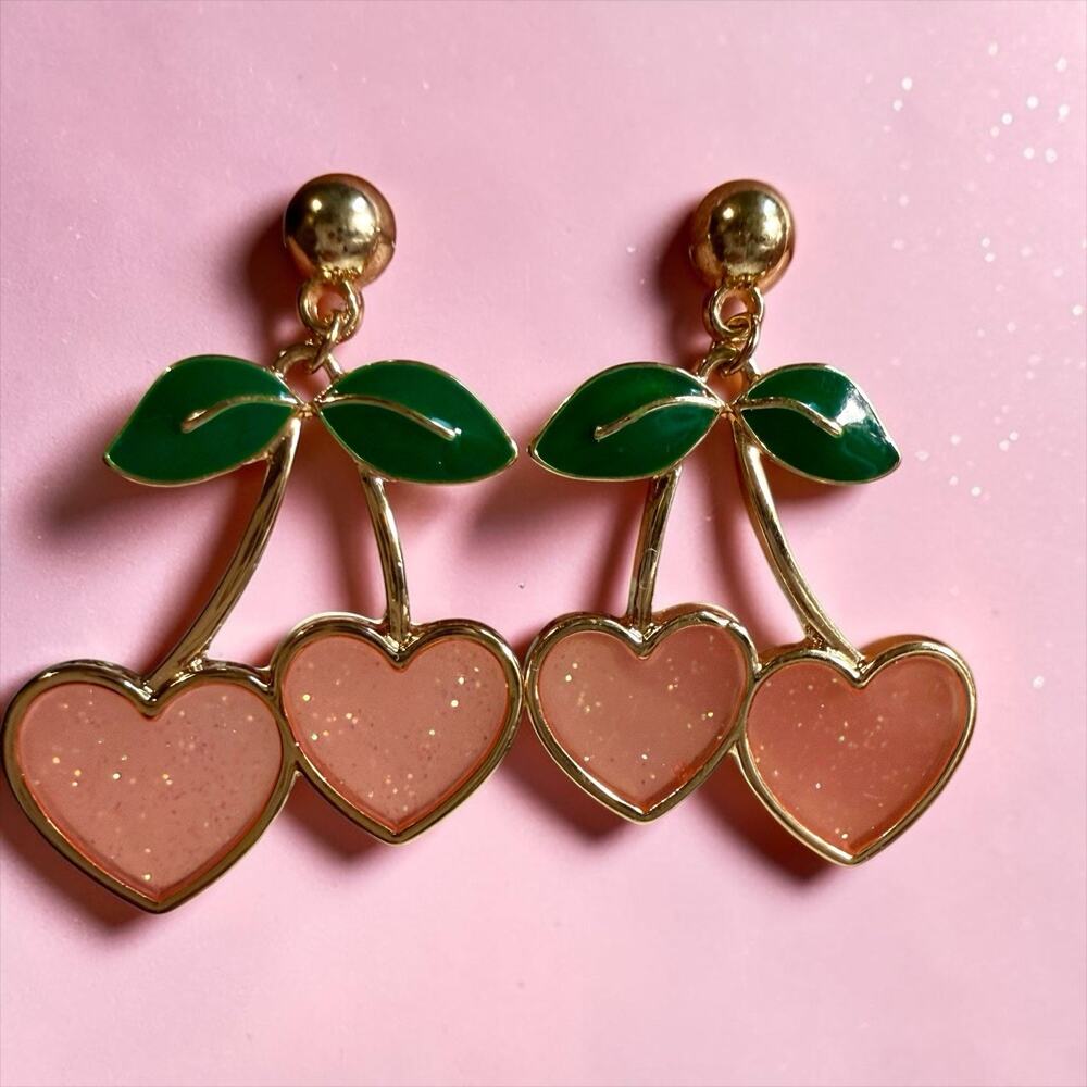Pink Heart Cherry Drop Gold Tone Stud Post Earrings Glitter Resin Green Enamel